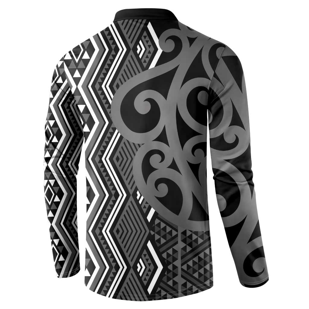 Maori Taniko Patterns Button Sweatshirt Black Patiki Motifs Mix Whakairo Ngaru