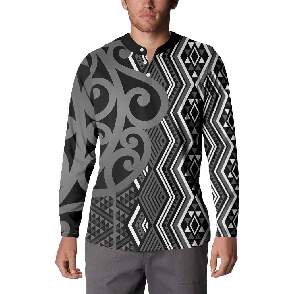 Maori Taniko Patterns Button Sweatshirt Black Patiki Motifs Mix Whakairo Ngaru