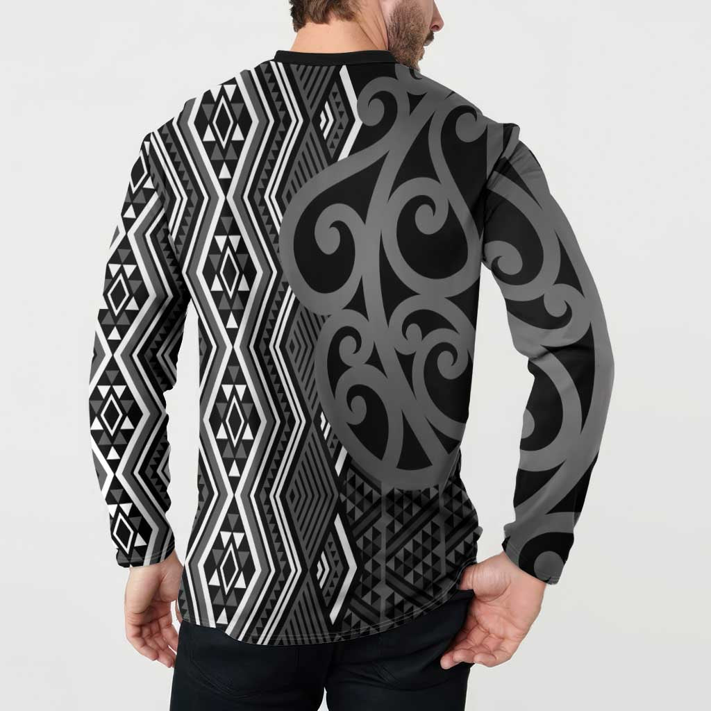 Maori Taniko Patterns Button Sweatshirt Black Patiki Motifs Mix Whakairo Ngaru