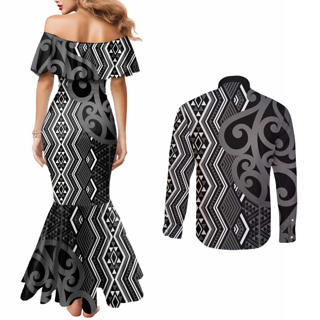 Maori Taniko Patterns Couples Matching Mermaid Dress and Long Sleeve Button Shirt Black Patiki Motifs Mix Whakairo Ngaru LT7 - Polynesian Pride