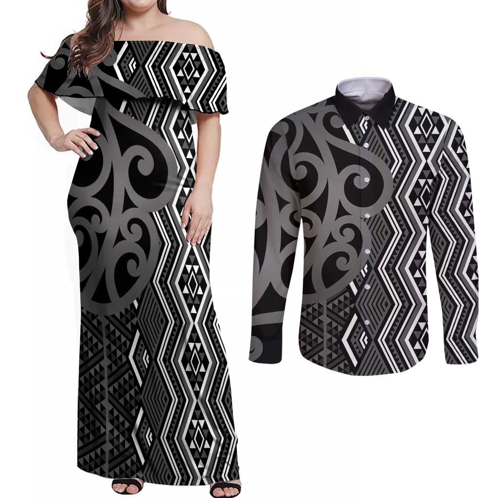 Maori Taniko Patterns Couples Matching Off Shoulder Maxi Dress and Long Sleeve Button Shirt Black Patiki Motifs Mix Whakairo Ngaru LT7 Black - Polynesian Pride
