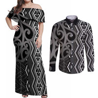 Maori Taniko Patterns Couples Matching Off Shoulder Maxi Dress and Long Sleeve Button Shirt Black Patiki Motifs Mix Whakairo Ngaru LT7 Black - Polynesian Pride