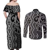 Maori Taniko Patterns Couples Matching Off Shoulder Maxi Dress and Long Sleeve Button Shirt Black Patiki Motifs Mix Whakairo Ngaru LT7 - Polynesian Pride