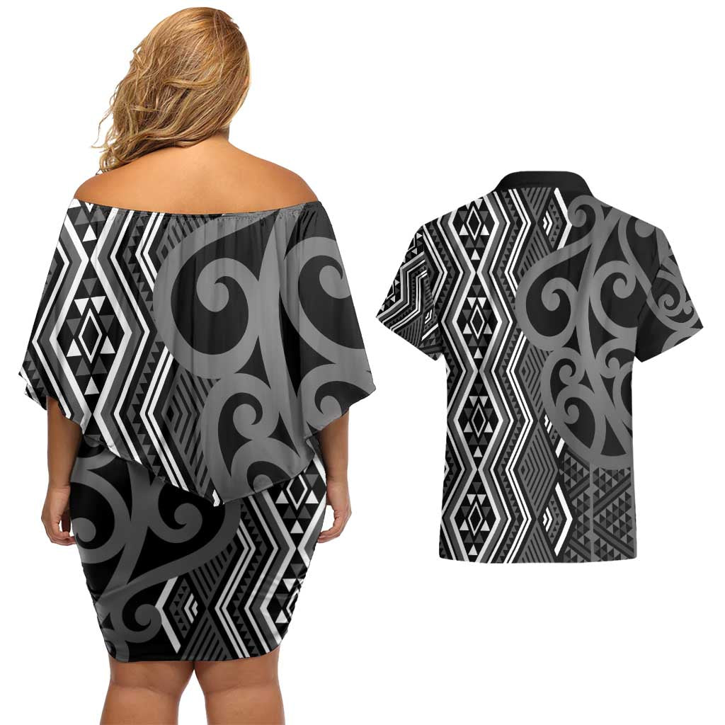 Maori Taniko Patterns Couples Matching Off Shoulder Short Dress and Hawaiian Shirt Black Patiki Motifs Mix Whakairo Ngaru