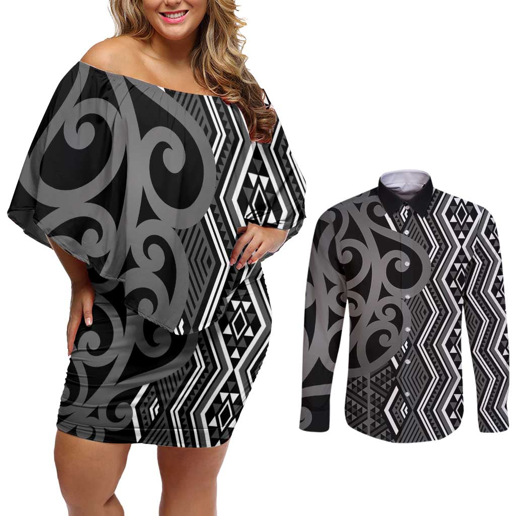 Maori Taniko Patterns Couples Matching Off Shoulder Short Dress and Long Sleeve Button Shirt Black Patiki Motifs Mix Whakairo Ngaru LT7 Black - Polynesian Pride