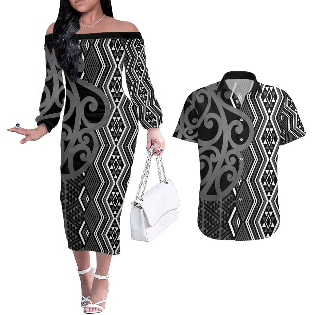 Maori Taniko Patterns Couples Matching Off The Shoulder Long Sleeve Dress and Hawaiian Shirt Black Patiki Motifs Mix Whakairo Ngaru