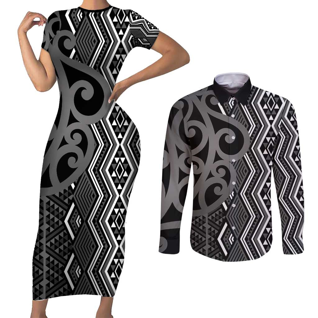 Maori Taniko Patterns Couples Matching Short Sleeve Bodycon Dress and Long Sleeve Button Shirt Black Patiki Motifs Mix Whakairo Ngaru LT7 Black - Polynesian Pride
