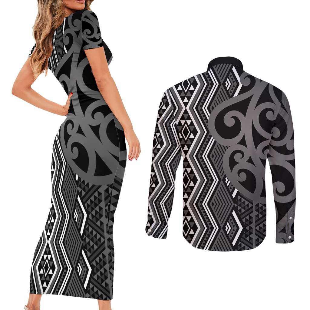 Maori Taniko Patterns Couples Matching Short Sleeve Bodycon Dress and Long Sleeve Button Shirt Black Patiki Motifs Mix Whakairo Ngaru LT7 - Polynesian Pride