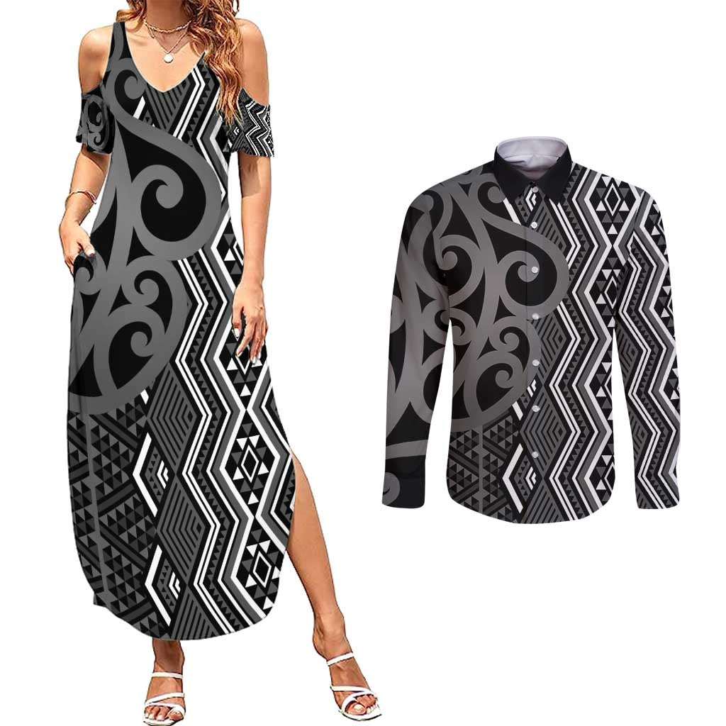 Maori Taniko Patterns Couples Matching Summer Maxi Dress and Long Sleeve Button Shirt Black Patiki Motifs Mix Whakairo Ngaru LT7 Black - Polynesian Pride