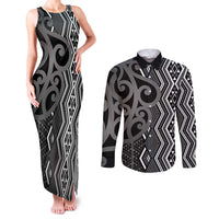 Maori Taniko Patterns Couples Matching Tank Maxi Dress and Long Sleeve Button Shirt Black Patiki Motifs Mix Whakairo Ngaru LT7 Black - Polynesian Pride