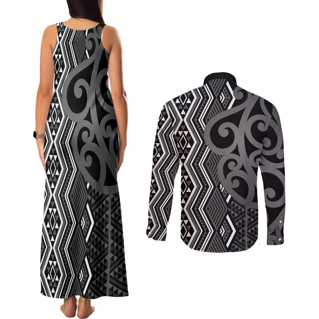 Maori Taniko Patterns Couples Matching Tank Maxi Dress and Long Sleeve Button Shirt Black Patiki Motifs Mix Whakairo Ngaru LT7 - Polynesian Pride