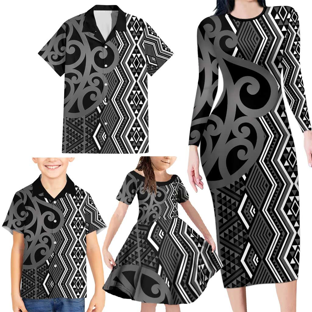 Maori Taniko Patterns Family Matching Long Sleeve Bodycon Dress and Hawaiian Shirt Black Patiki Motifs Mix Whakairo Ngaru LT7 - Polynesian Pride