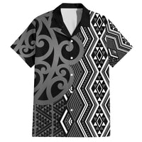 Maori Taniko Patterns Family Matching Off The Shoulder Long Sleeve Dress and Hawaiian Shirt Black Patiki Motifs Mix Whakairo Ngaru