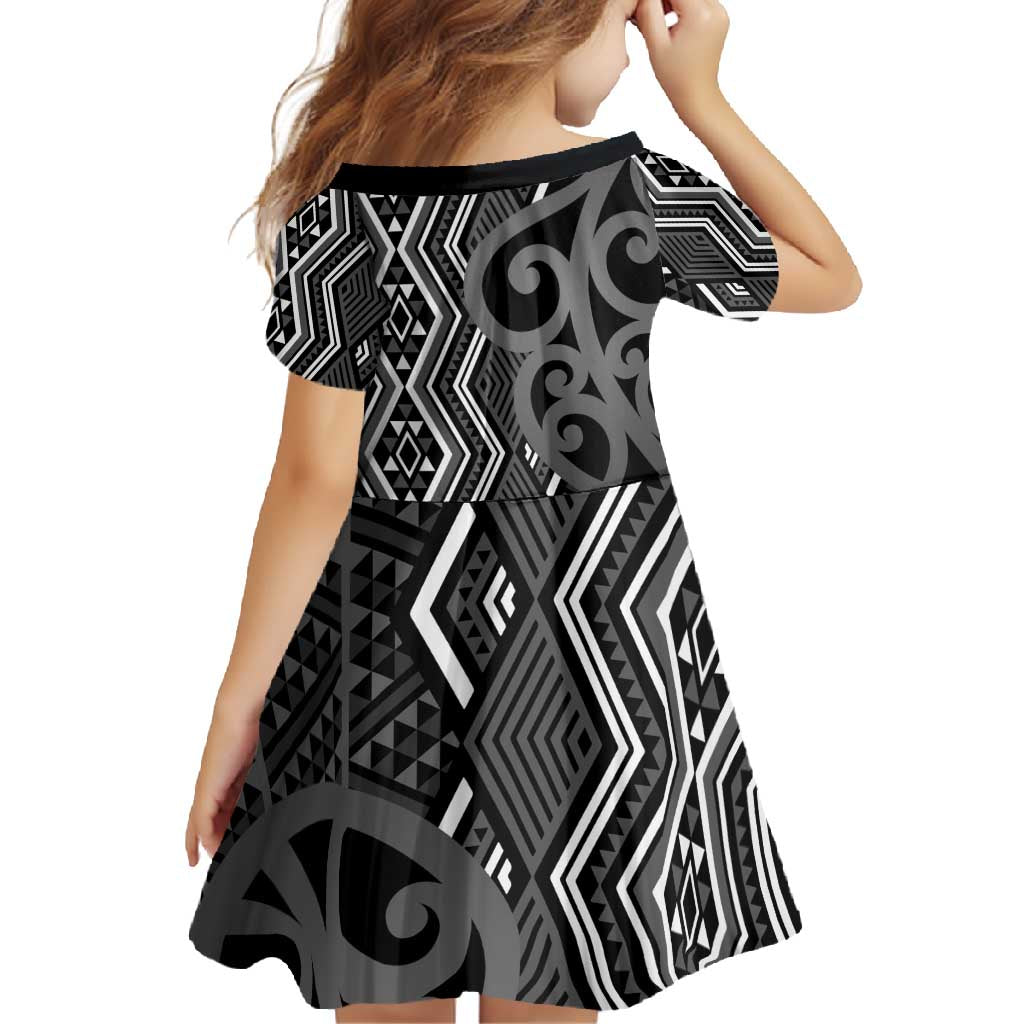 Maori Taniko Patterns Family Matching Off Shoulder Maxi Dress and Hawaiian Shirt Black Patiki Motifs Mix Whakairo Ngaru LT7 - Polynesian Pride
