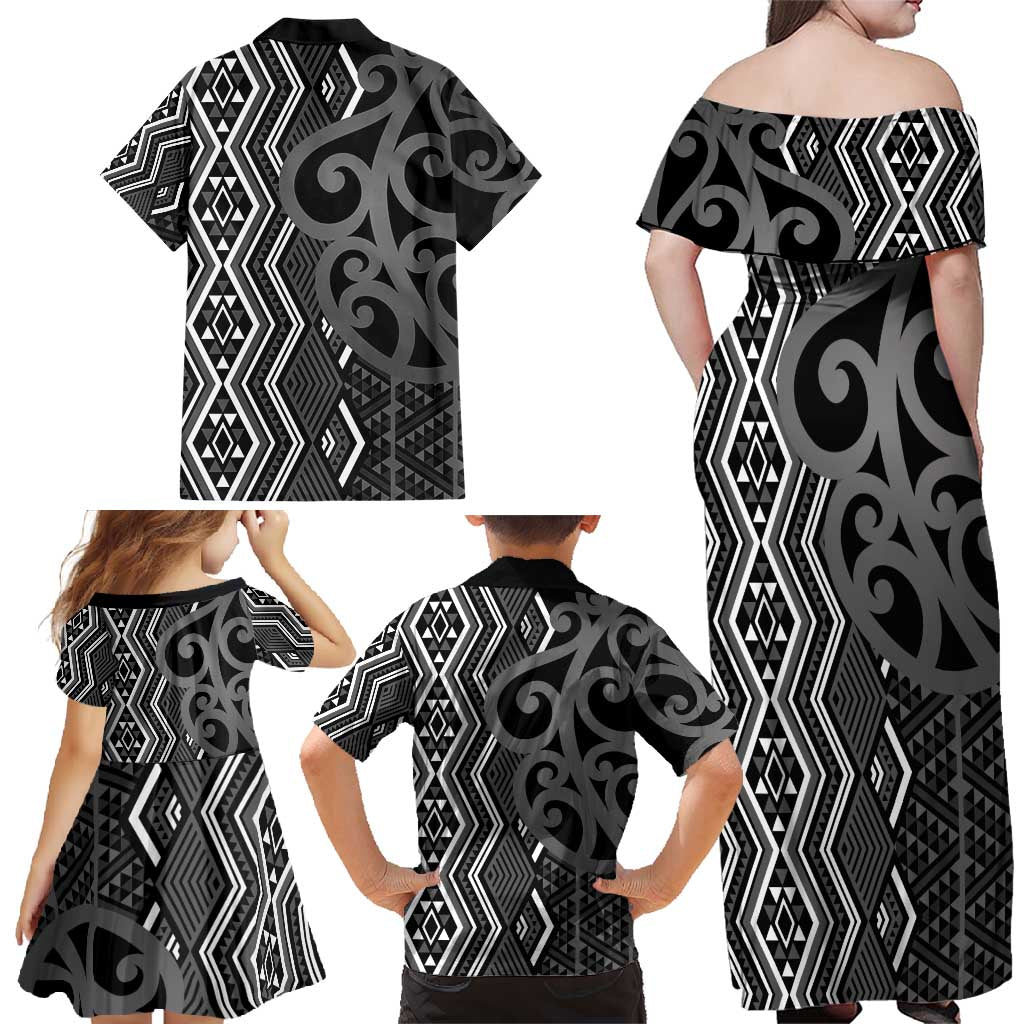 Maori Taniko Patterns Family Matching Off Shoulder Maxi Dress and Hawaiian Shirt Black Patiki Motifs Mix Whakairo Ngaru LT7 - Polynesian Pride