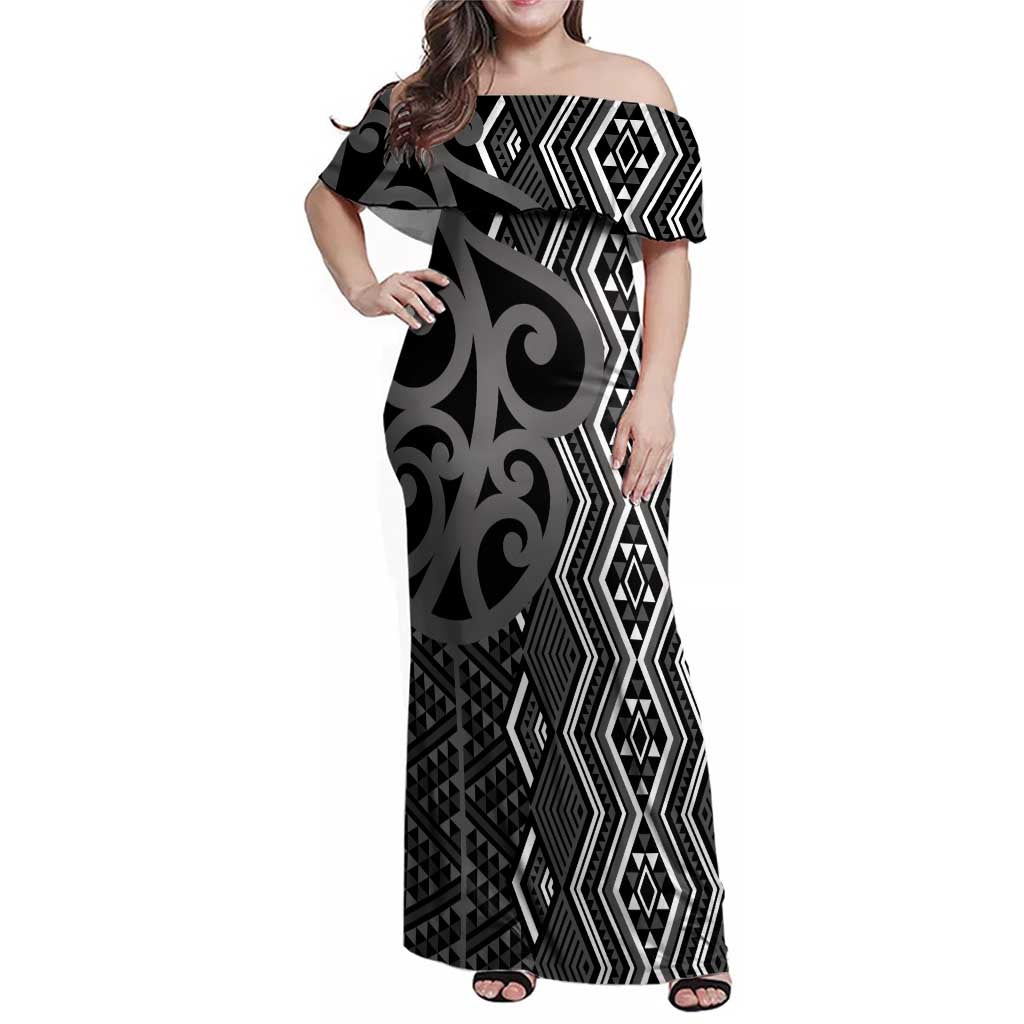 Maori Taniko Patterns Family Matching Off Shoulder Maxi Dress and Hawaiian Shirt Black Patiki Motifs Mix Whakairo Ngaru LT7 Mom's Dress Black - Polynesian Pride