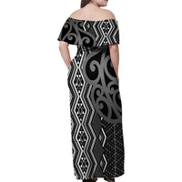 Maori Taniko Patterns Family Matching Off Shoulder Maxi Dress and Hawaiian Shirt Black Patiki Motifs Mix Whakairo Ngaru LT7 - Polynesian Pride