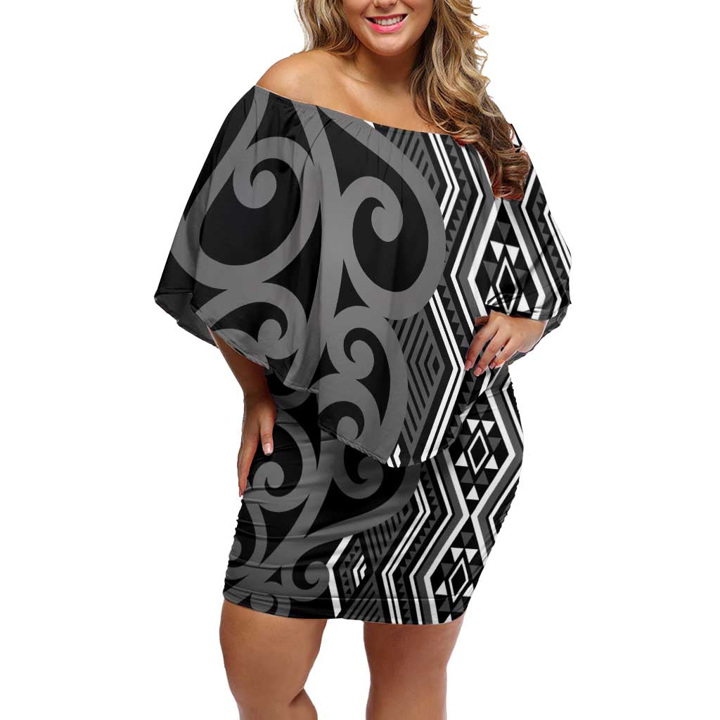 Maori Taniko Patterns Family Matching Off Shoulder Short Dress and Hawaiian Shirt Black Patiki Motifs Mix Whakairo Ngaru LT7 Mom's Dress Black - Polynesian Pride
