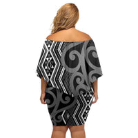 Maori Taniko Patterns Family Matching Off Shoulder Short Dress and Hawaiian Shirt Black Patiki Motifs Mix Whakairo Ngaru LT7 - Polynesian Pride
