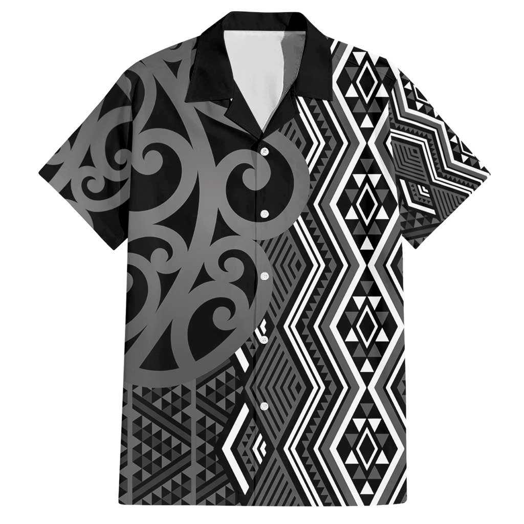 Maori Taniko Patterns Family Matching Short Sleeve Bodycon Dress and Hawaiian Shirt Black Patiki Motifs Mix Whakairo Ngaru LT7 Dad's Shirt - Short Sleeve Black - Polynesian Pride