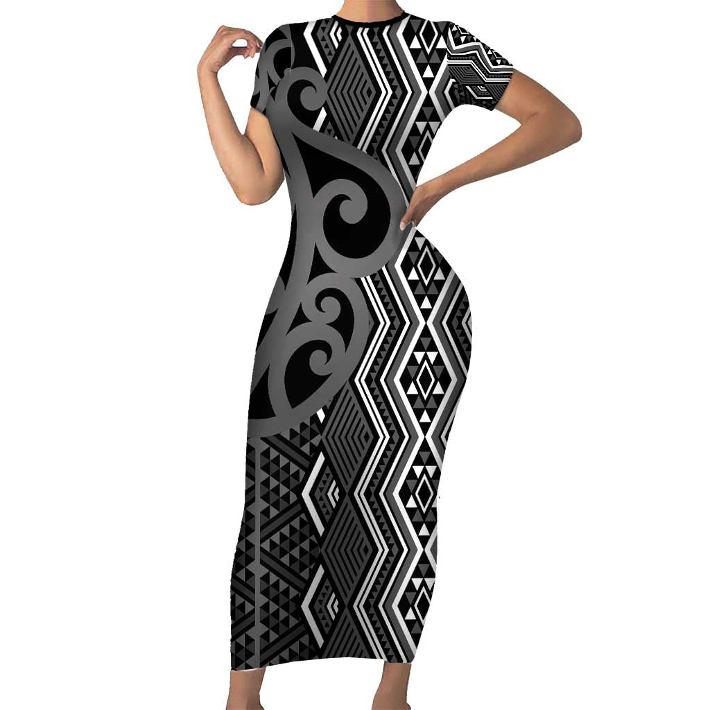 Maori Taniko Patterns Family Matching Short Sleeve Bodycon Dress and Hawaiian Shirt Black Patiki Motifs Mix Whakairo Ngaru LT7 Mom's Dress Black - Polynesian Pride