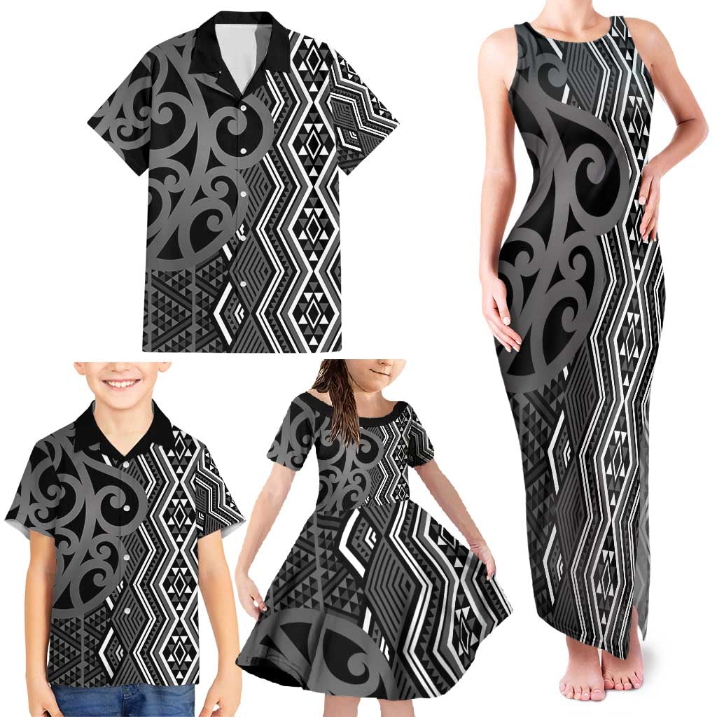Maori Taniko Patterns Family Matching Tank Maxi Dress and Hawaiian Shirt Black Patiki Motifs Mix Whakairo Ngaru LT7 - Polynesian Pride