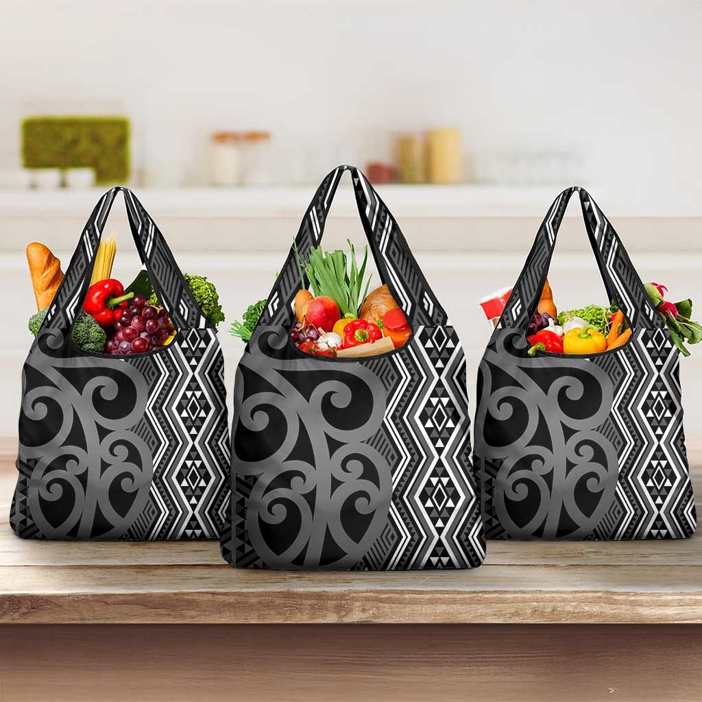 Maori Taniko Patterns Grocery Bag Black Patiki Motifs Mix Whakairo Ngaru LT7 3-pack One Size Black - Polynesian Pride