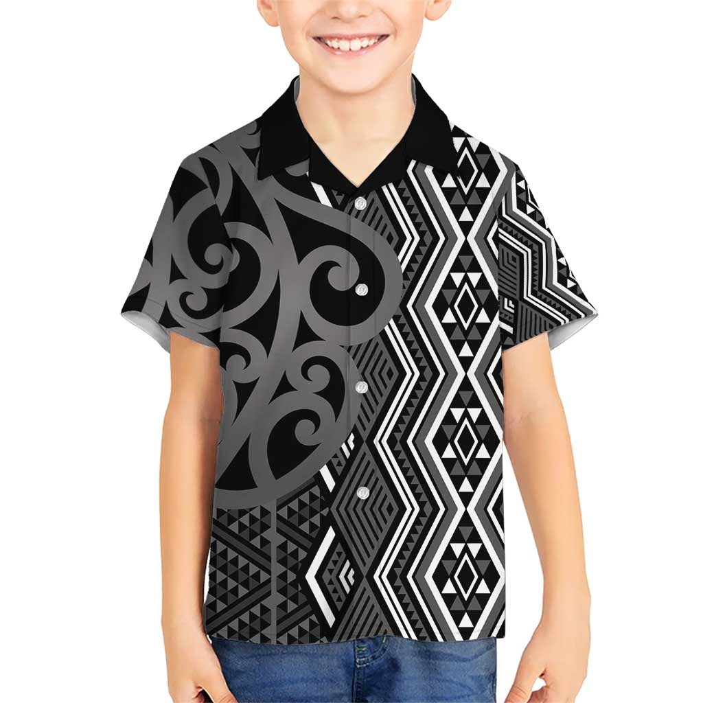 Maori Taniko Patterns Kid Hawaiian Shirt Black Patiki Motifs Mix Whakairo Ngaru LT7 Kid Black - Polynesian Pride