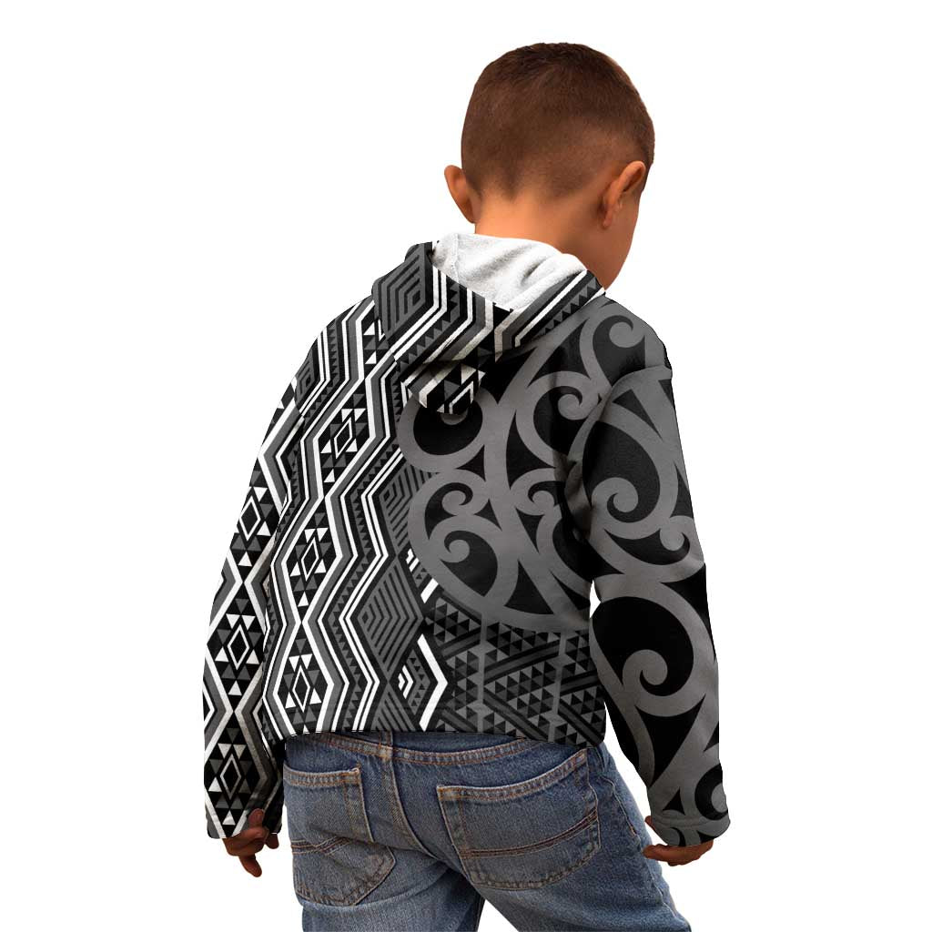 Maori Taniko Patterns Kid Hoodie Black Patiki Motifs Mix Whakairo Ngaru