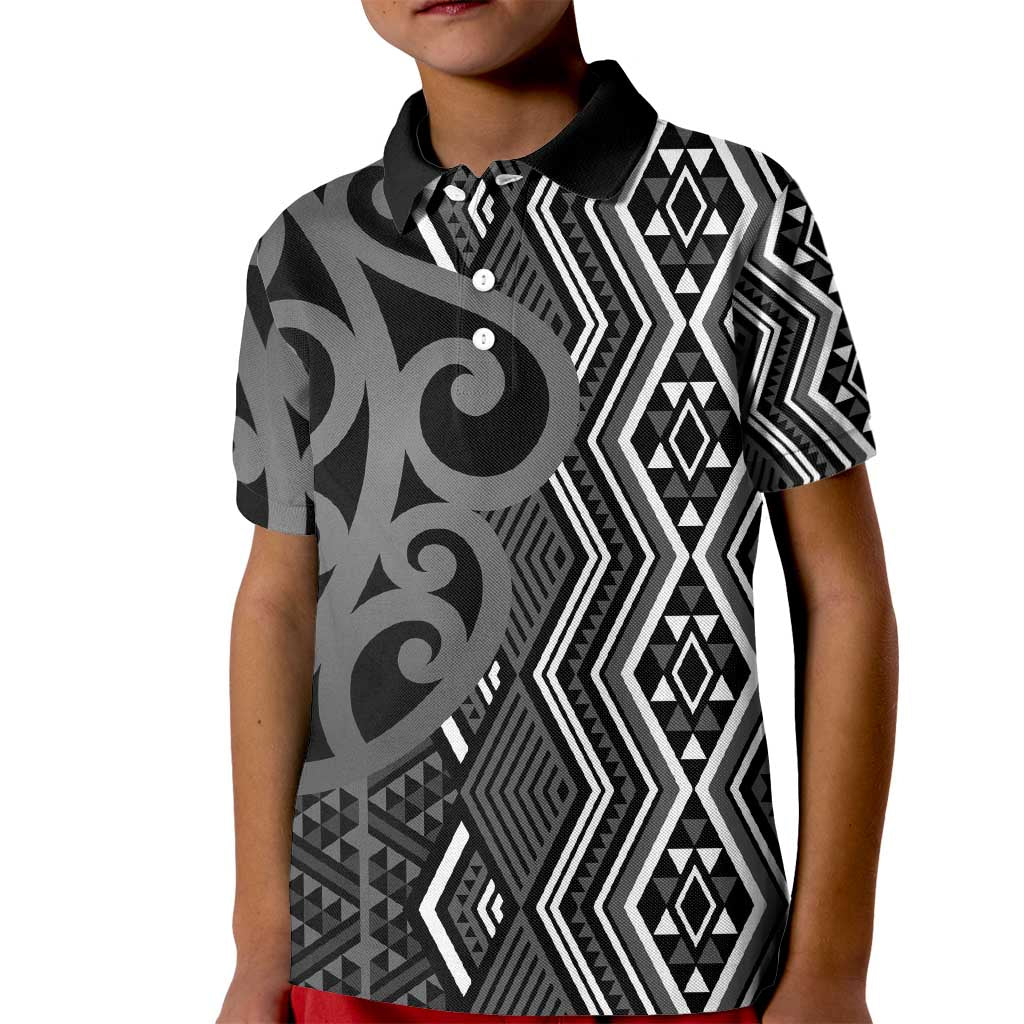 Maori Taniko Patterns Kid Polo Shirt Black Patiki Motifs Mix Whakairo Ngaru LT7 Kid Black - Polynesian Pride