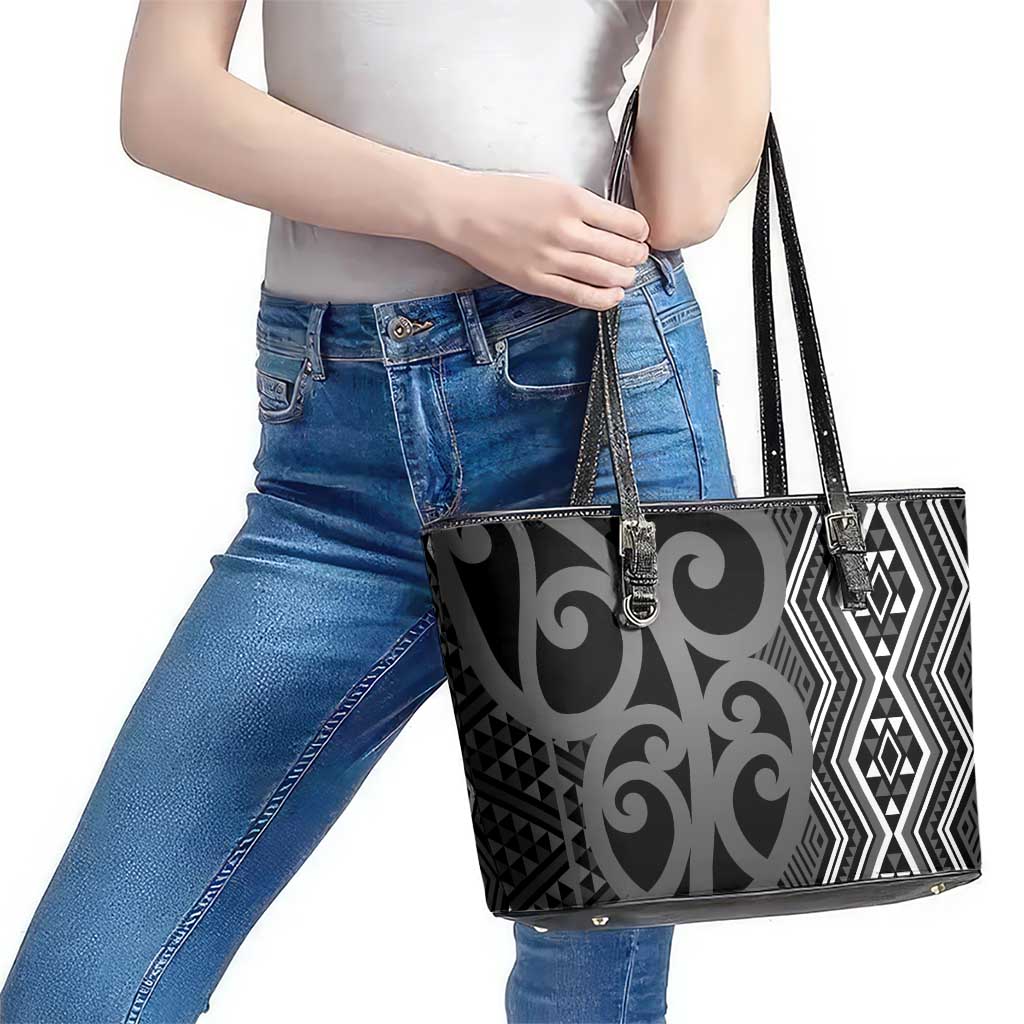 Maori Taniko Patterns Leather Tote Bag Black Patiki Motifs Mix Whakairo Ngaru