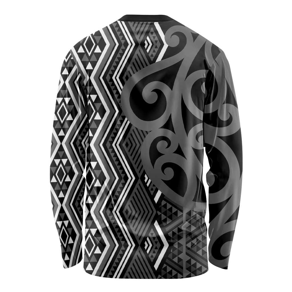 Maori Taniko Patterns Long Sleeve Shirt Black Patiki Motifs Mix Whakairo Ngaru