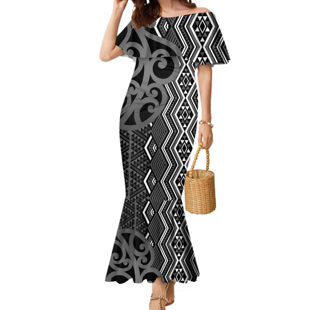 Maori Taniko Patterns Mermaid Dress Black Patiki Motifs Mix Whakairo Ngaru