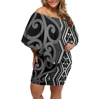 Maori Taniko Patterns Off Shoulder Short Dress Black Patiki Motifs Mix Whakairo Ngaru