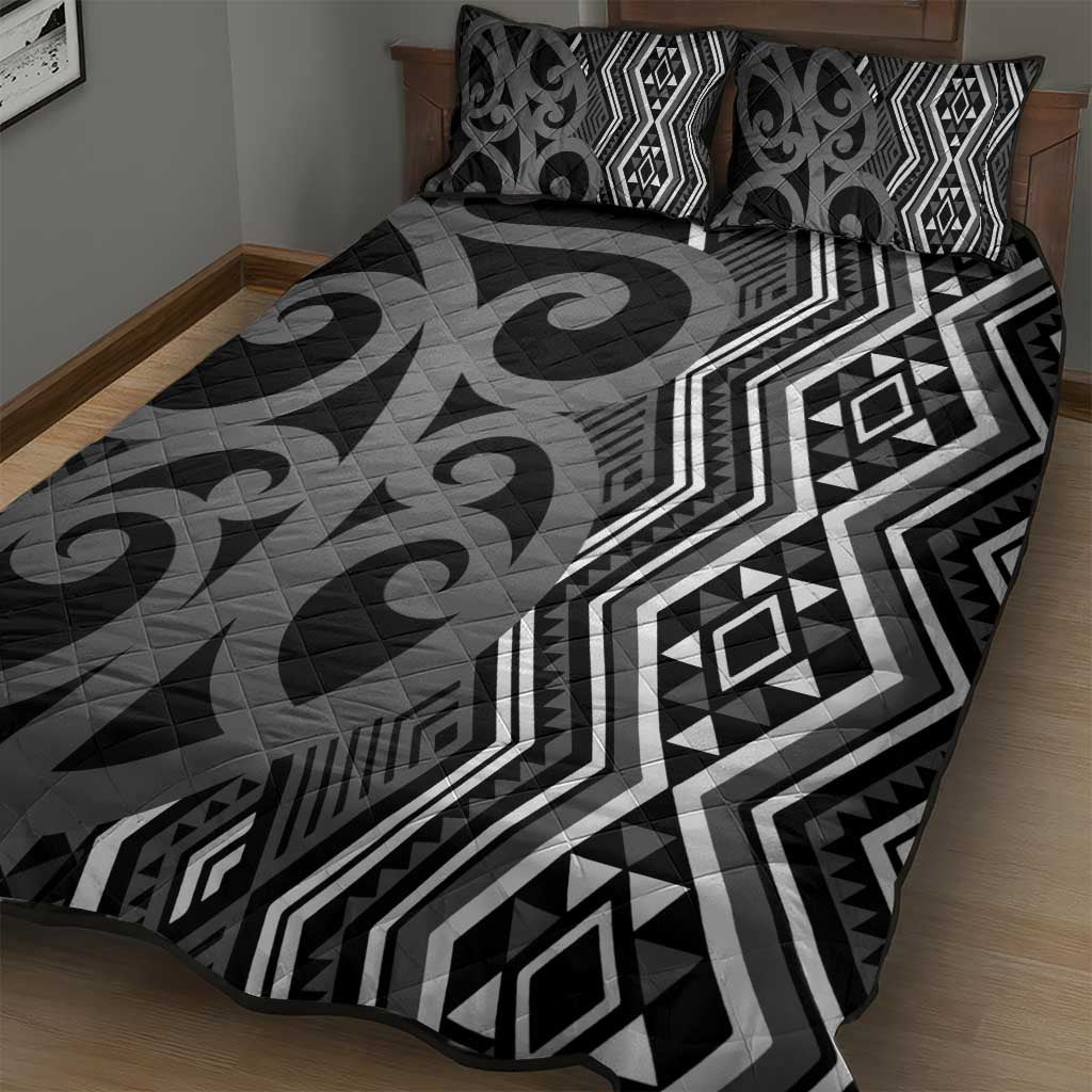 Maori Taniko Patterns Quilt Bed Set Black Patiki Motifs Mix Whakairo Ngaru