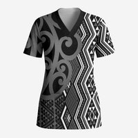 Maori Taniko Patterns Scrub Top Black Patiki Motifs Mix Whakairo Ngaru - Polynesian Pride