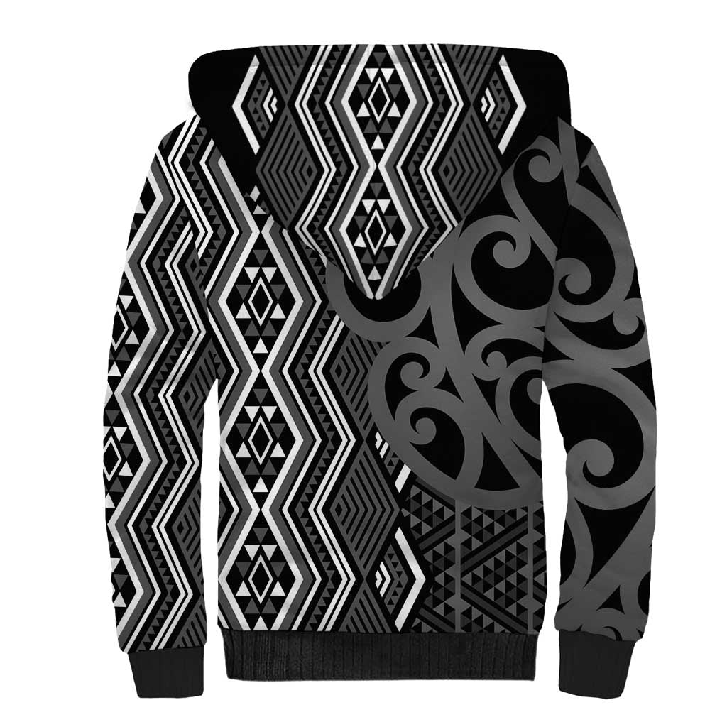 Maori Taniko Patterns Sherpa Hoodie Black Patiki Motifs Mix Whakairo Ngaru