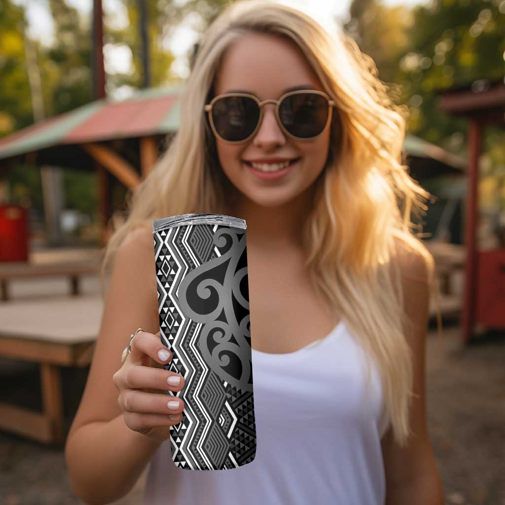 Maori Taniko Patterns Skinny Tumbler Black Patiki Motifs Mix Whakairo Ngaru LT7 - Polynesian Pride