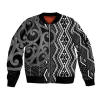Maori Taniko Patterns Sleeve Zip Bomber Jacket Black Patiki Motifs Mix Whakairo Ngaru