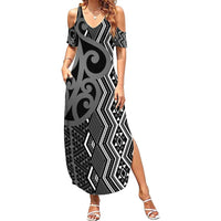 Maori Taniko Patterns Summer Maxi Dress Black Patiki Motifs Mix Whakairo Ngaru