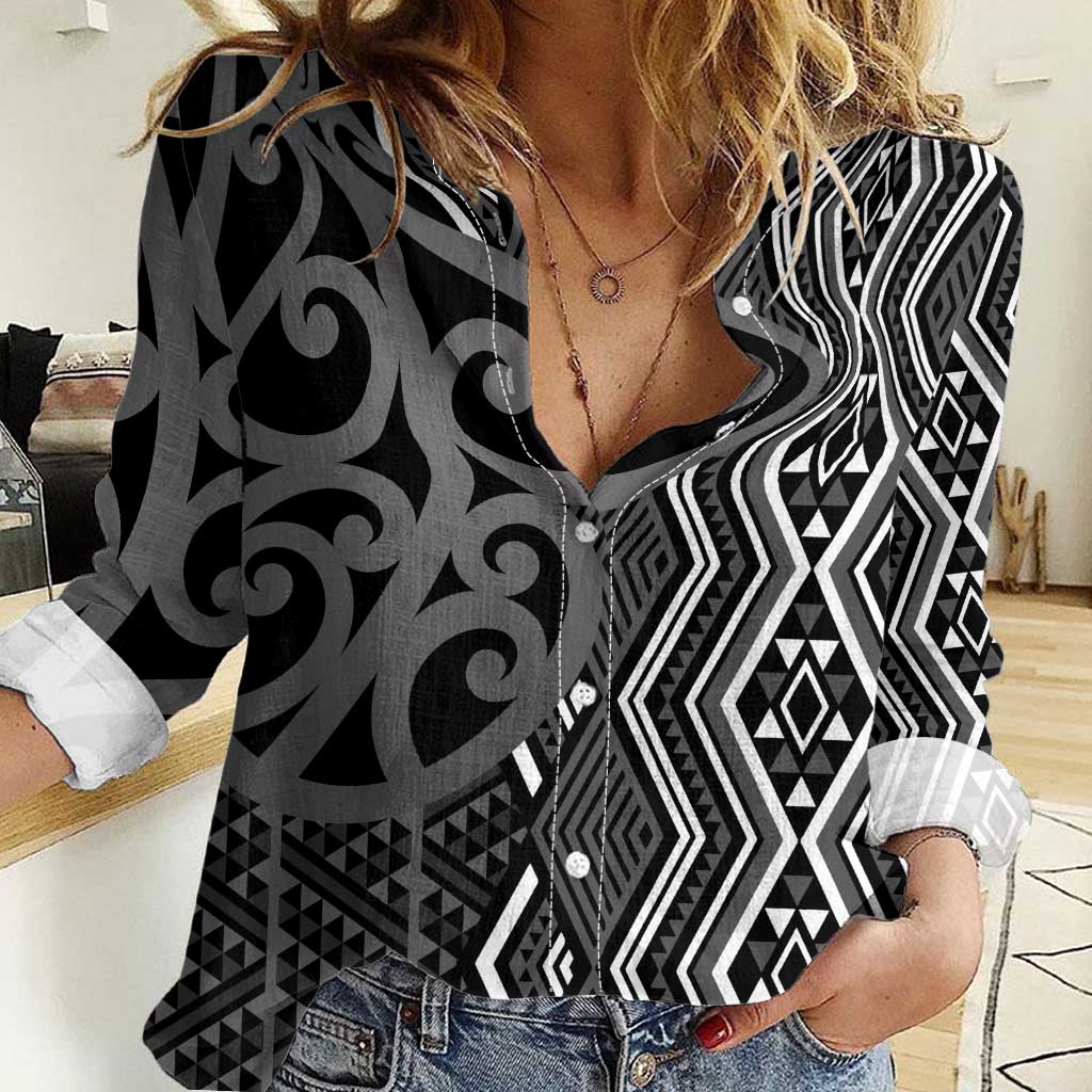 Maori Taniko Patterns Women Casual Shirt Black Patiki Motifs Mix Whakairo Ngaru LT7 Female Black - Polynesian Pride
