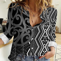 Maori Taniko Patterns Women Casual Shirt Black Patiki Motifs Mix Whakairo Ngaru LT7 Female Black - Polynesian Pride