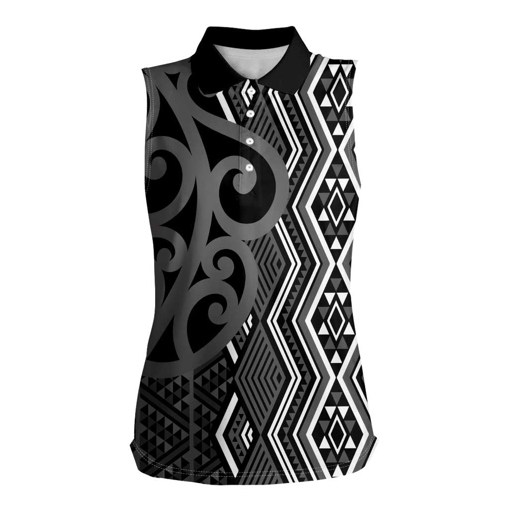 Maori Taniko Patterns Women Sleeveless Polo Shirt Black Patiki Motifs Mix Whakairo Ngaru