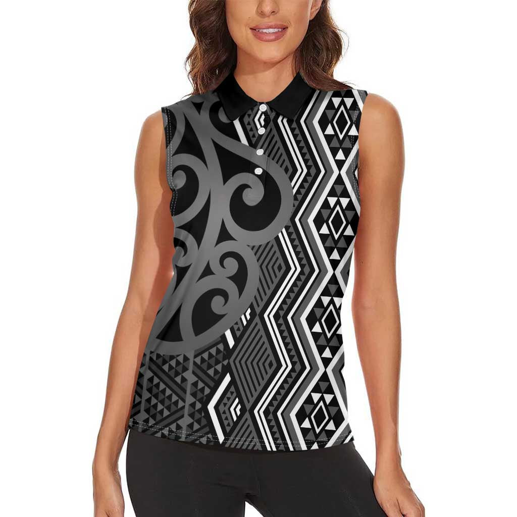 Maori Taniko Patterns Women Sleeveless Polo Shirt Black Patiki Motifs Mix Whakairo Ngaru