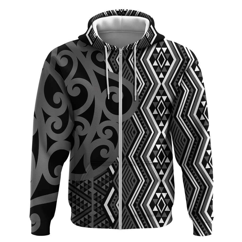 Maori Taniko Patterns Zip Hoodie Black Patiki Motifs Mix Whakairo Ngaru