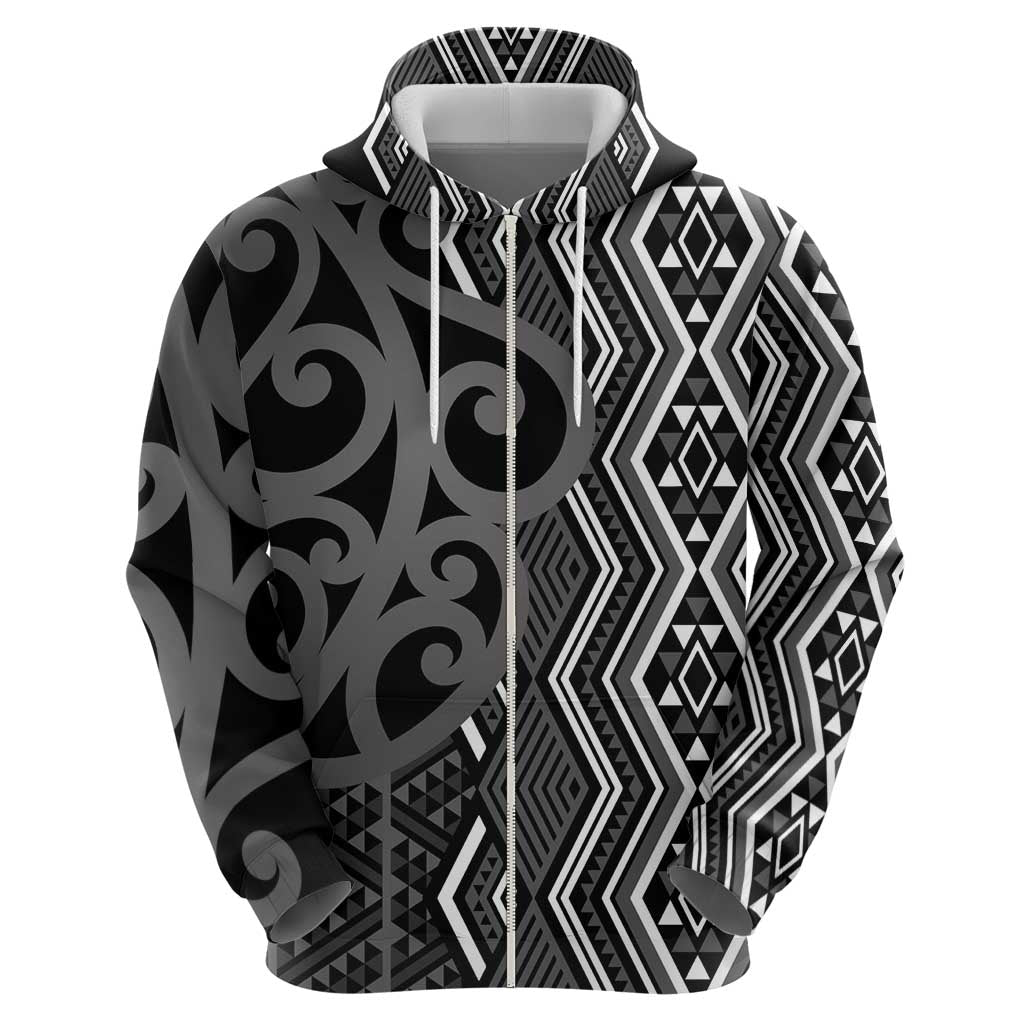 Maori Taniko Patterns Zip Hoodie Black Patiki Motifs Mix Whakairo Ngaru