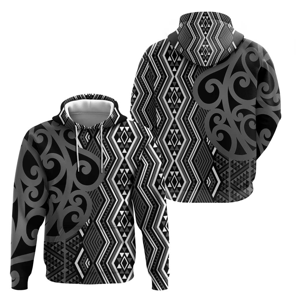 Maori Taniko Patterns Zip Hoodie Black Patiki Motifs Mix Whakairo Ngaru