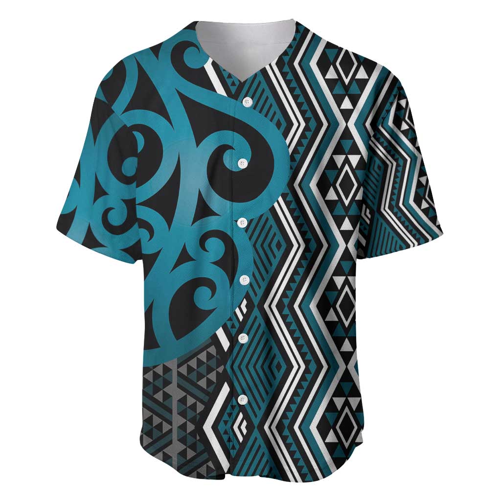 Maori Taniko Patterns Baseball Jersey Azure Patiki Motifs Mix Whakairo Ngaru LT7 Azure - Polynesian Pride