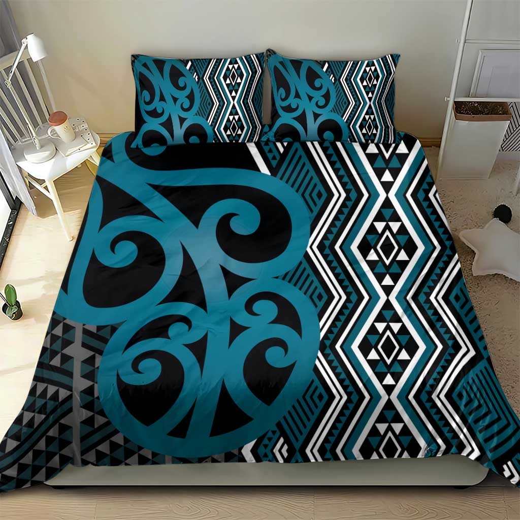 Maori Taniko Patterns Bedding Set Azure Patiki Motifs Mix Whakairo Ngaru