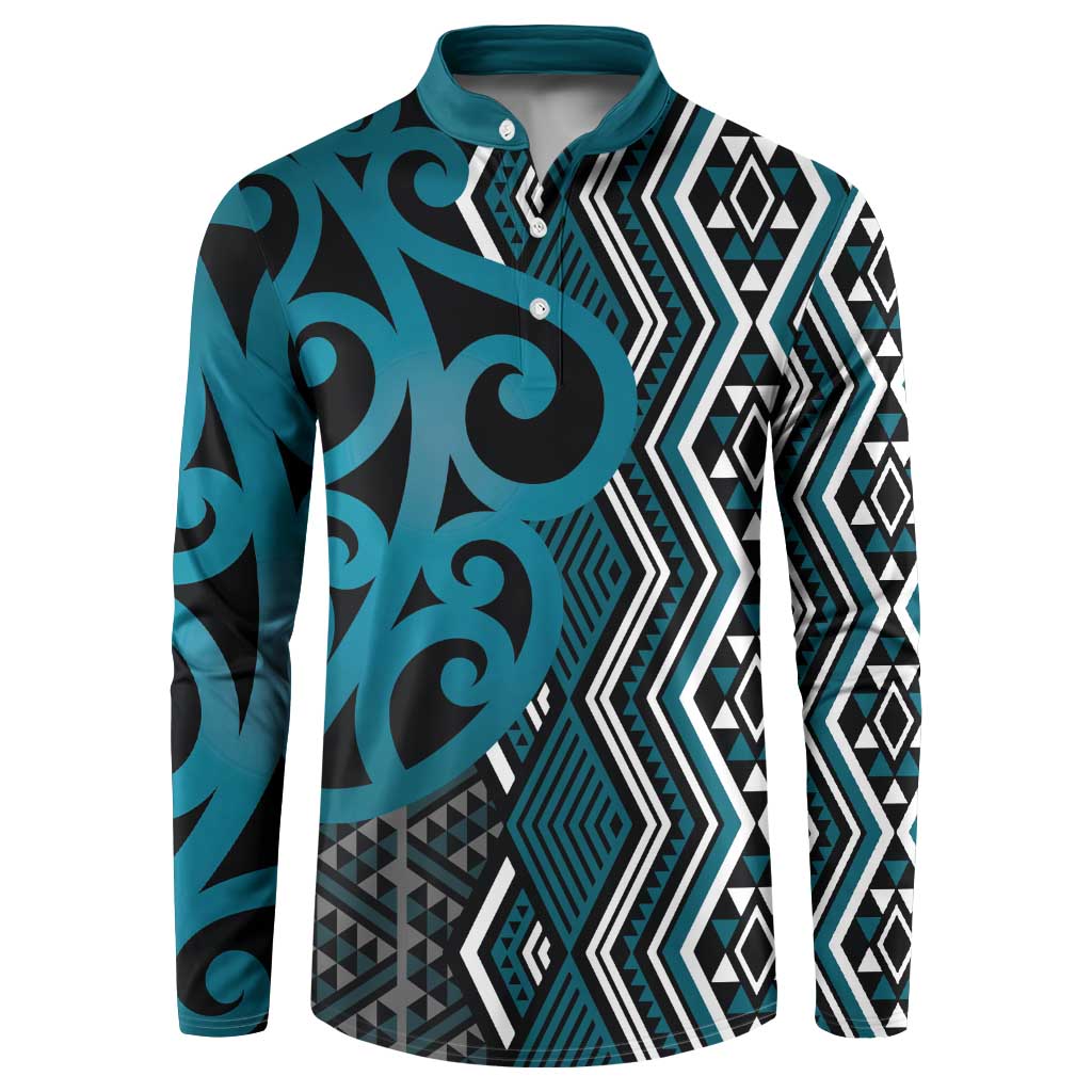 Maori Taniko Patterns Button Sweatshirt Azure Patiki Motifs Mix Whakairo Ngaru